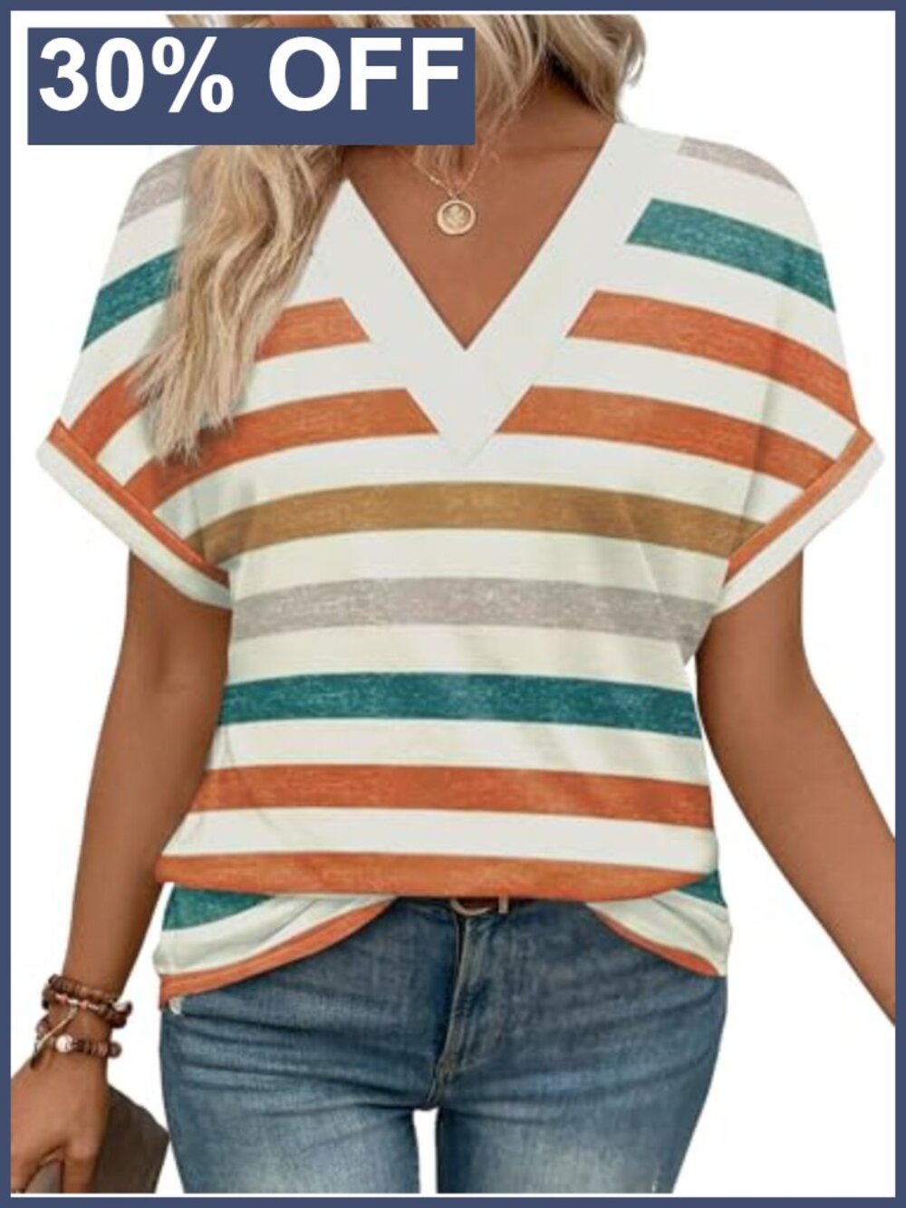 Womens V Neck Short Sleeve Striped T-Shirt Loose Fit Summer Top